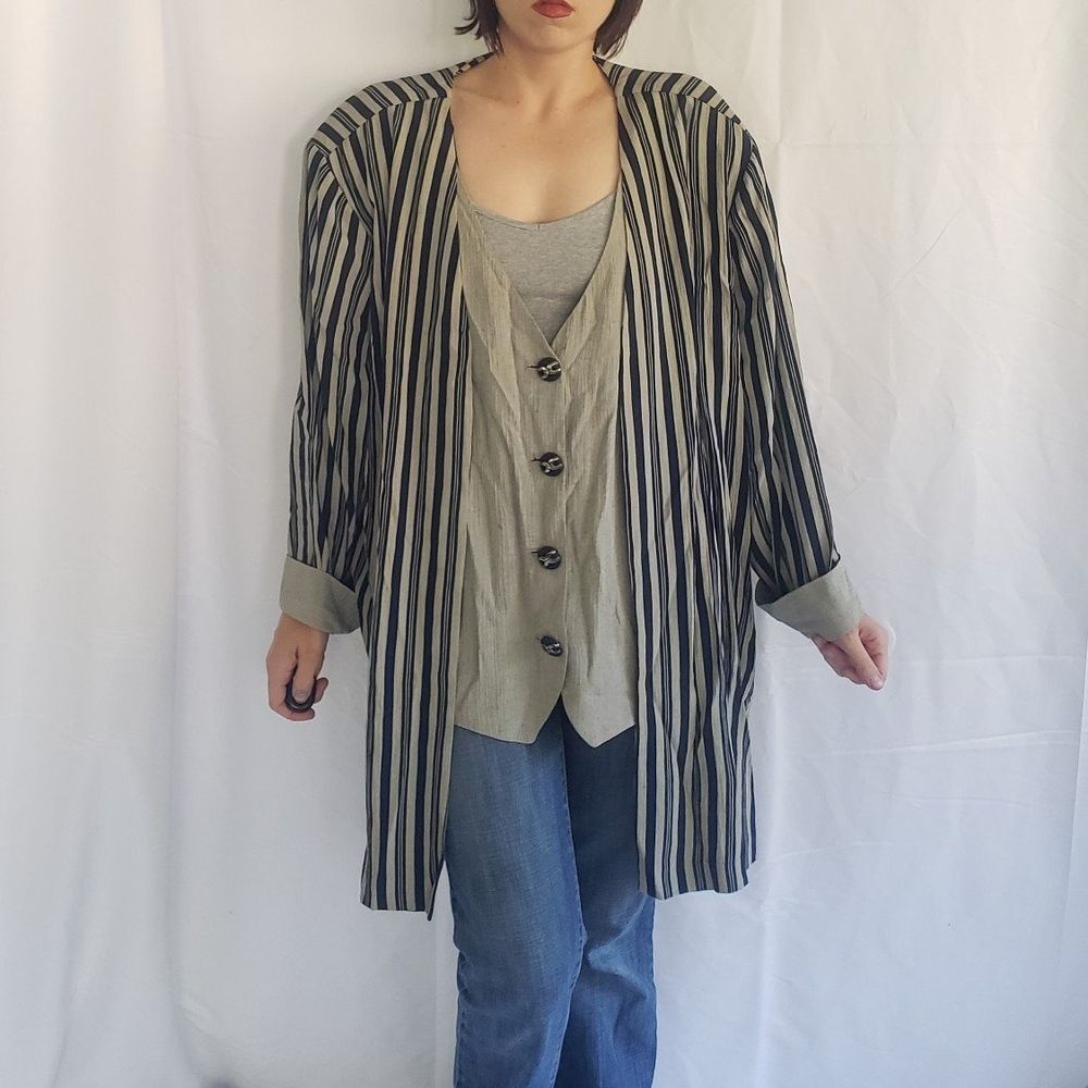 90s Tan and Blue Striped Blazer